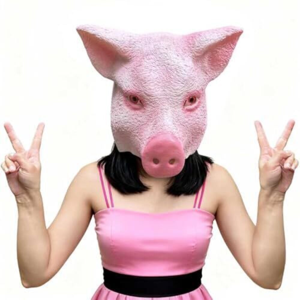 8008 Pink Pig Head Mask, Cute Piggy Latex Animal Face Mask, Novelty Deluxe